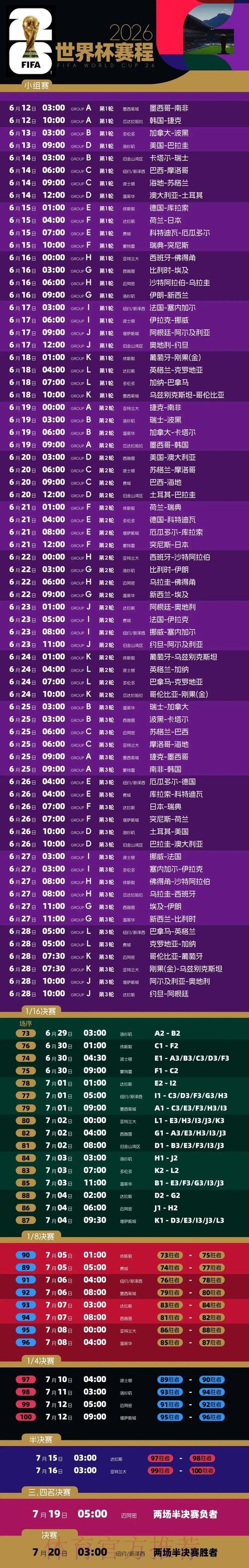 2026世界杯比赛时间详细安排高清直播免费观看 2026世界杯比赛时间详细安排高清直播免费观看